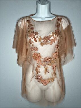 Gaetano Navarra Sheer Embroidered Sequin Mesh Top Nude Italy M Y2K